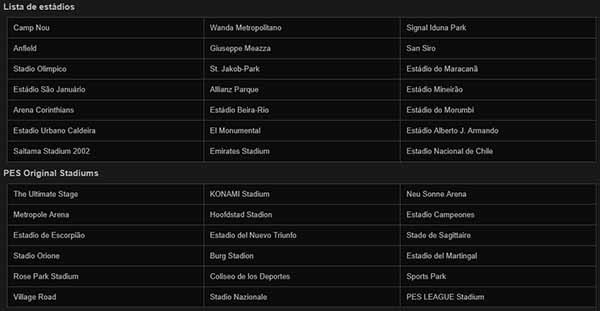 Lista de Estádios - PES 2018